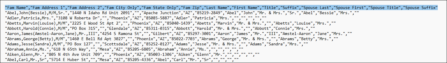 Example of a Family Address Export CSV file with all the family name and address fields, plus the new head and spouse fields