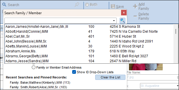 Search dialog box showing the drop-down list with family names, ID numbers, and addresses