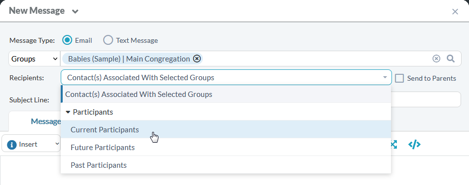 Example showing the Groups drop-down list with one group selected and the Recipients drop-down list with options for Current Participants, Future Participants, and Past Participants