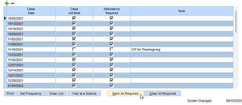 Class Date list showing the Mark All Required button and the Attendance Required checkbox marked for all class dates except the date the class will not meet