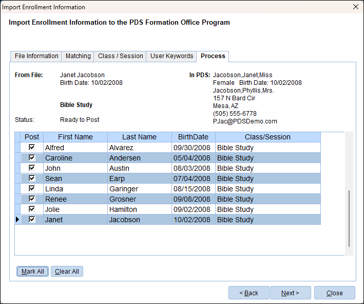 The Import Enrollment Information process showing the final tab with a list of students and classes from the import file, ready to post into PDS