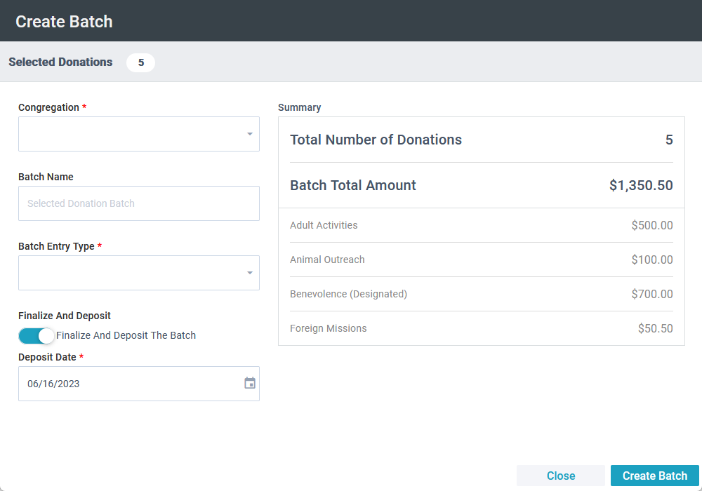 Screenshot of the Create Batch tool displaying the selected donation information and options for the new batch