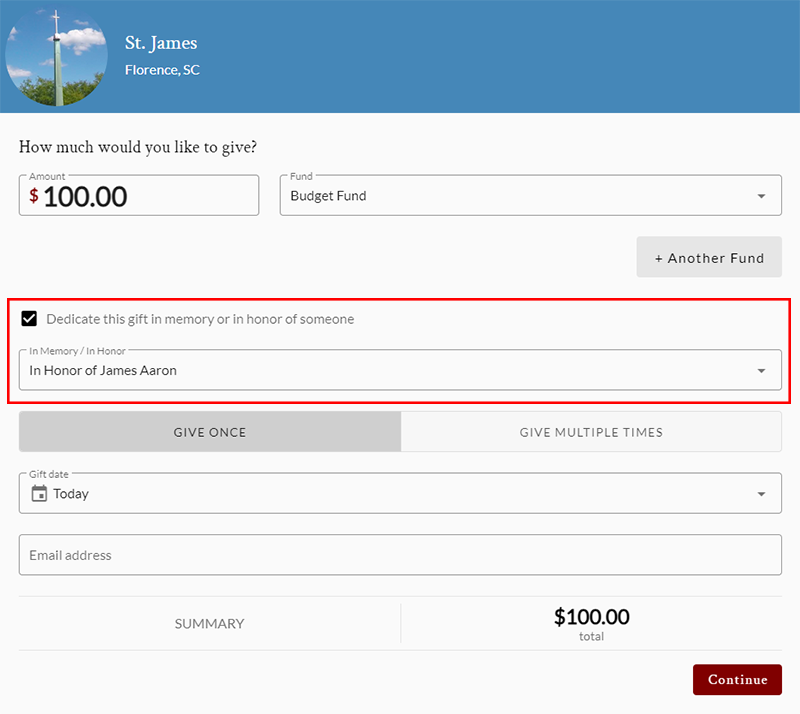 image of a giving form with active In Memory / In Honor entries that a contributor can select