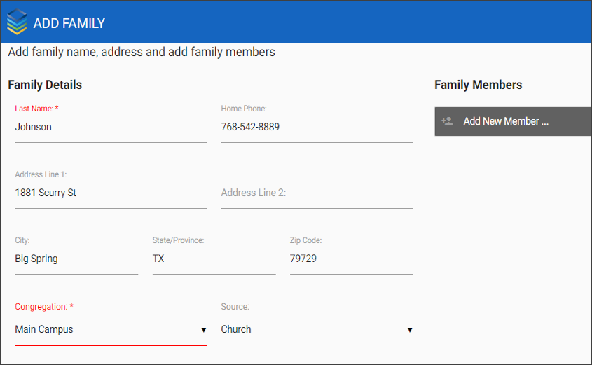 Image displaying the Add Family screen on the Check-In Suite.