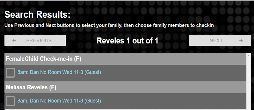 Image displaying Unattended Mode, with search results for the Reveles family. Each member has a check box next to their name.