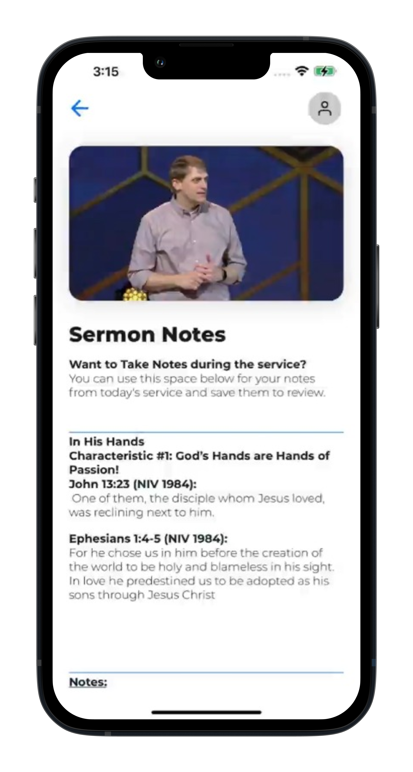 Image displaying the Sermon Notes screen, with sample notes someone has taken about the sermon.