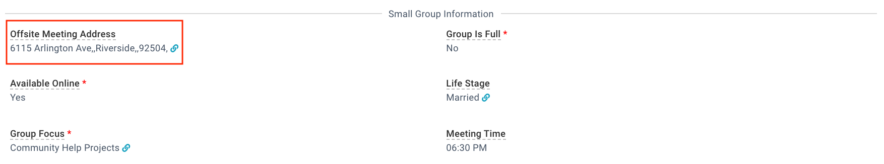 Image displaying the Offsite Meeting Address field in the Small Group Information section.