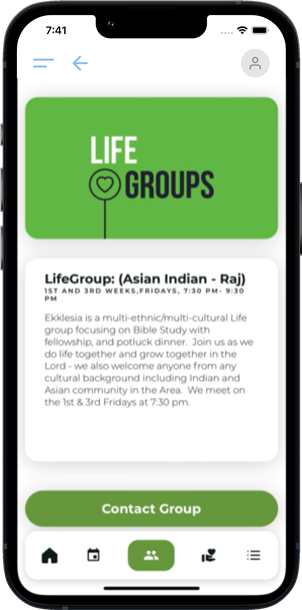 PocketPlatform app showing the Group Detail screen with information about the group and a Contact Group button