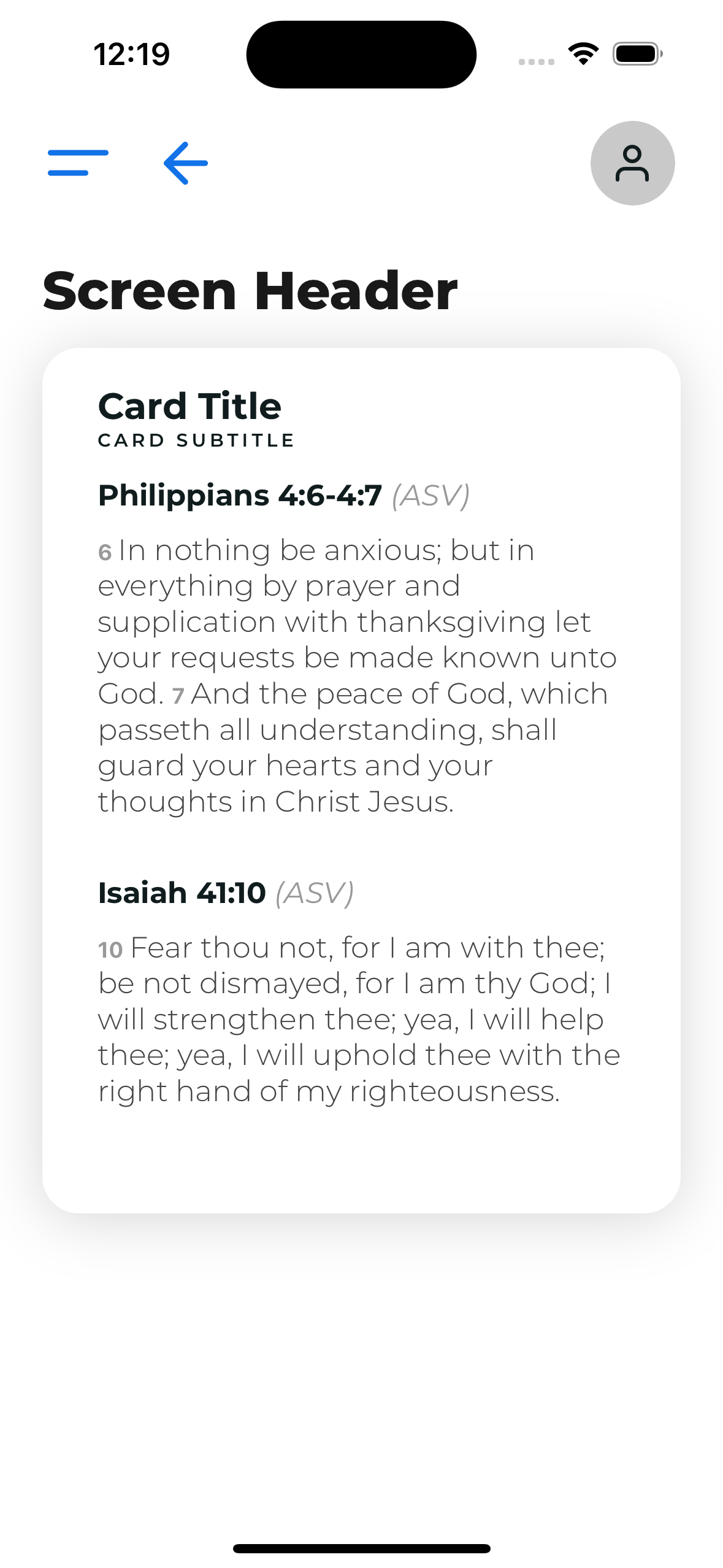 Image displaying Phillippians 4:6-4:7 with the verse title in bold and the verse not bolded, followed by the same format for Isaiah 41:10.