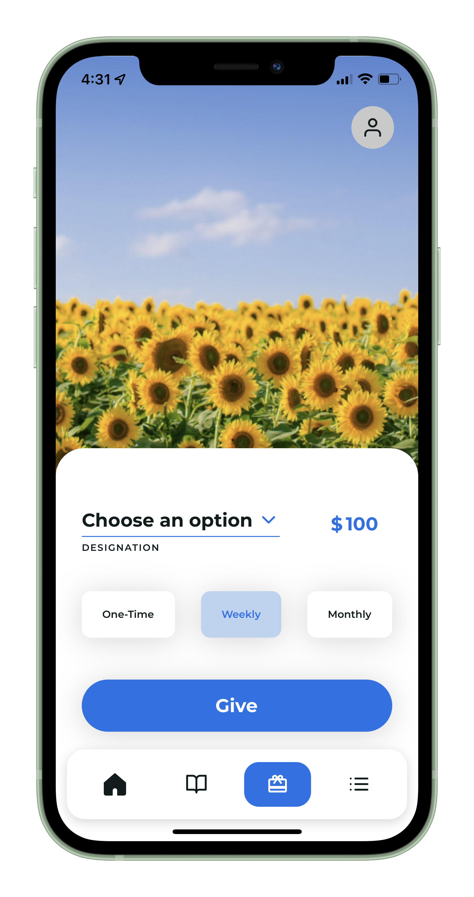 Image displaying a Giving page in the PocketPlatform app. There is a Choose an option drop-down list, the dollar amount on the right, options to make the donation one-time, weekly, or monthly, and the blue Give button under those options.