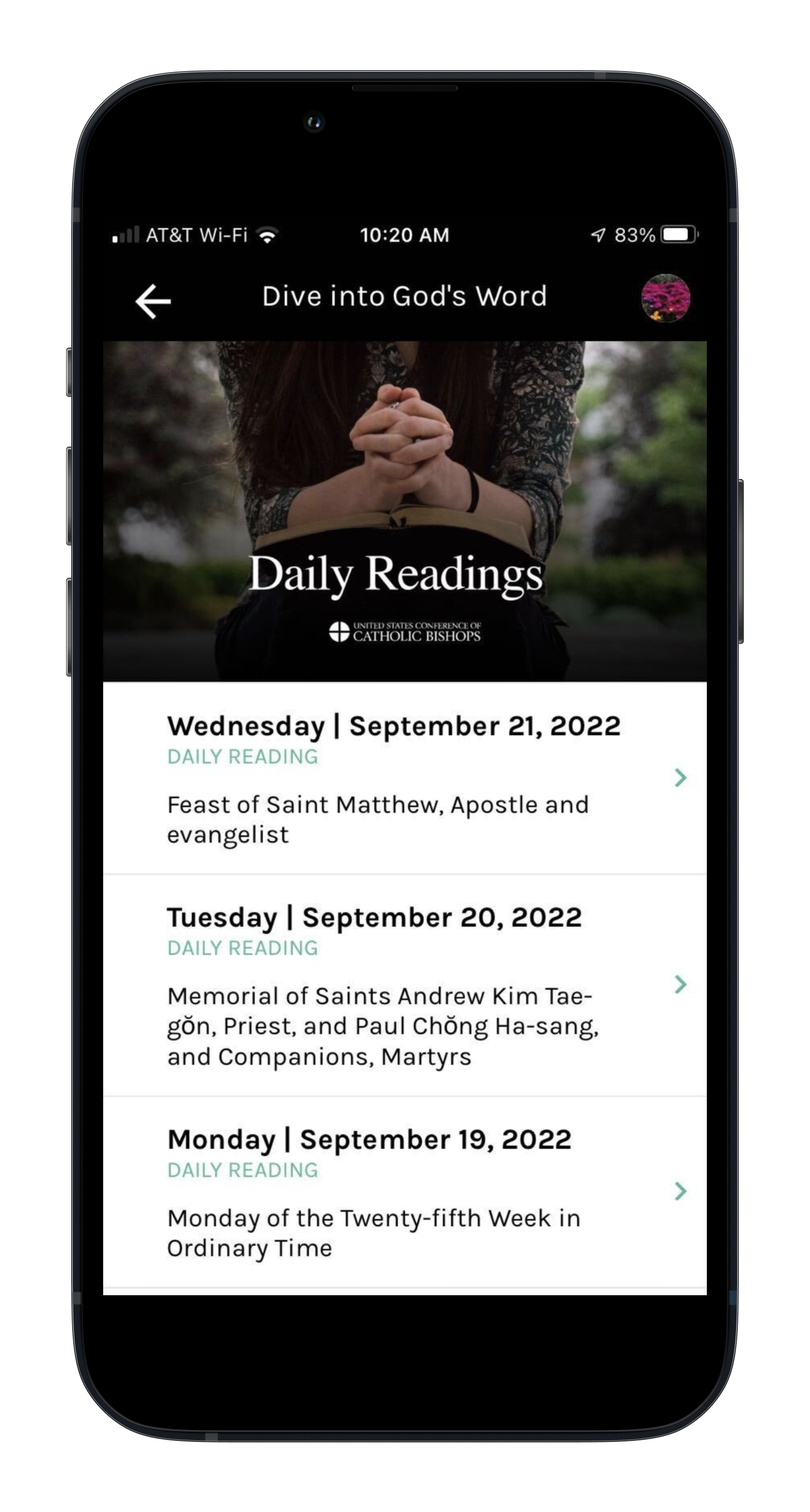 Image displaying the Daily Readings screen with an image of a person with their hands folded over an open book. The reading list is below.