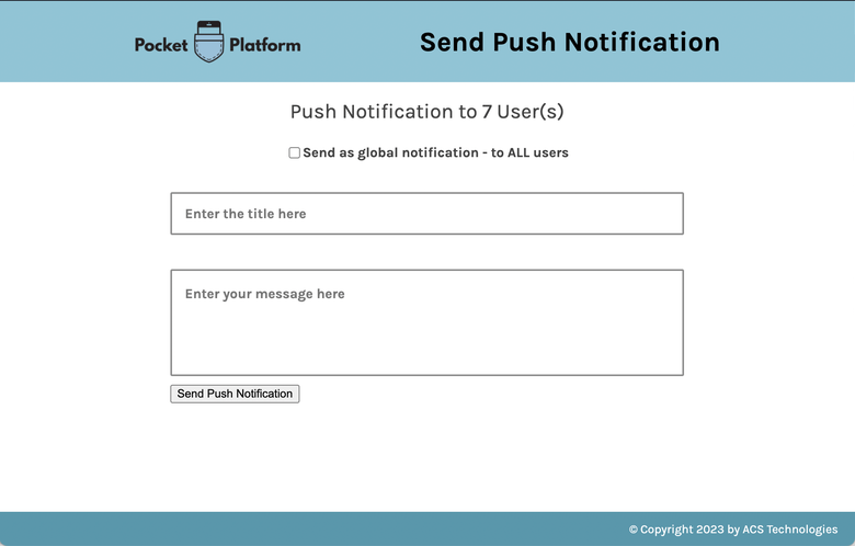 The Send Push Notification tool showing options to send to selected users or all users with a title and message