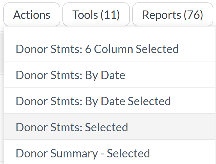 The Donor Statements by Selection report, as Donor Stmts: Selected, in the Reports drop-down list.