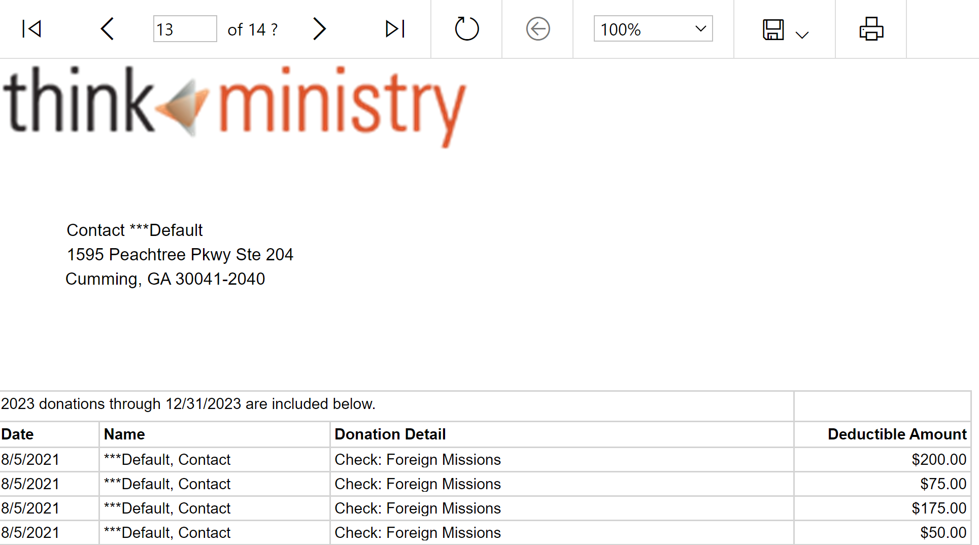 An example preview for the Donor Statements report.