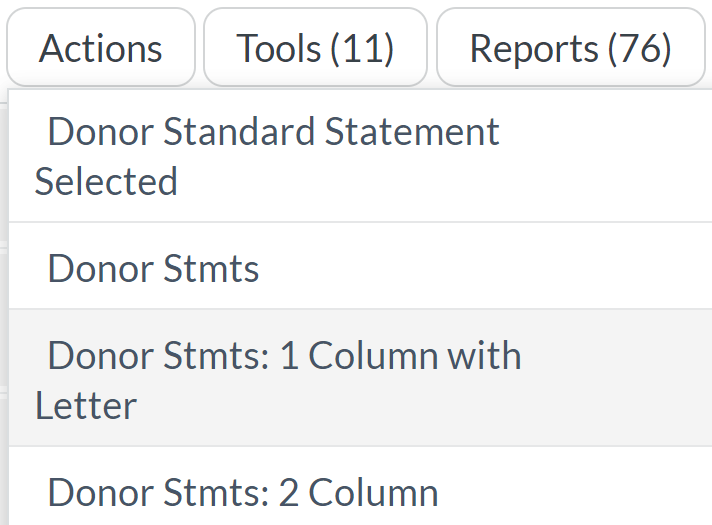 The Donor Statements report, as Donor Stmts: 1 Column with Letter, in the Reports drop-down list.