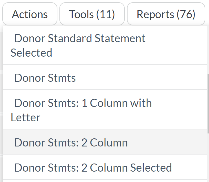 The Donor Statements: 2 Column report in the Reports drop-down list.