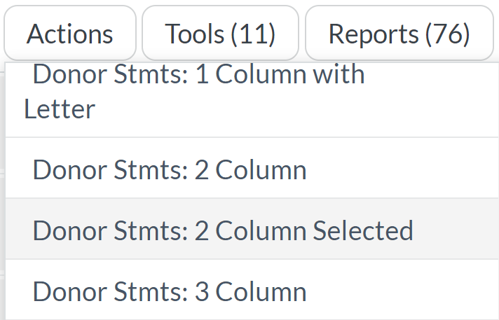 The Donor Statements: 2 Column Selected report in the Reports drop-down list.