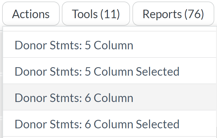The Donor Statements six-column report for all Donors, as Donor Stmts: 6 Column, in the Reports drop-down list.