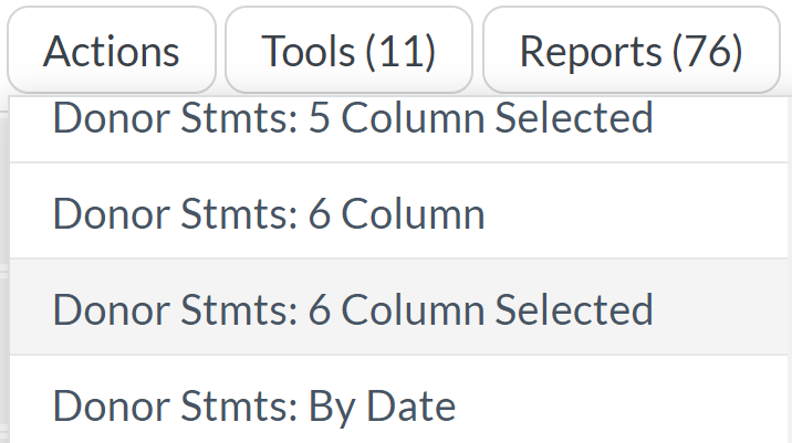 The Donor Statements six-column report for selected Donors, as Donor Stmts: 6 Column Selected, in the Reports drop-down list.