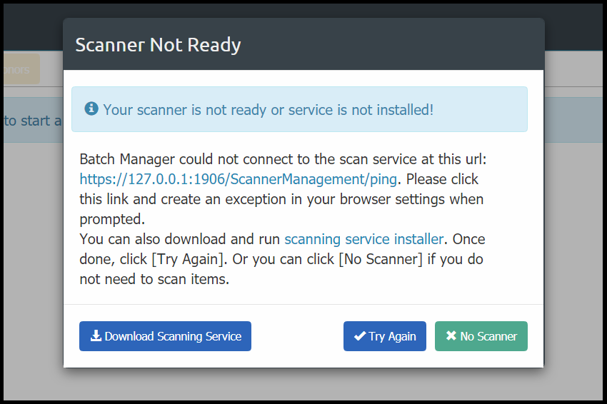 Image displaying the Scanner Not Ready dialog box.