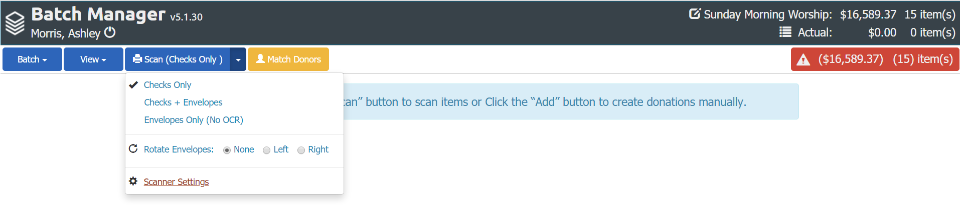 Image displaying the Batch Manager Tool, with the Scan (Checks Only) button open showing a drop-down list.