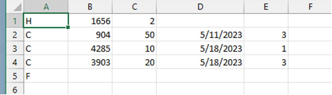 Example of a spreadsheet with Column A showing H, C, C, C, F in respective rows; Column B showing 1656, 904, 4285, and 3903; Column C showing 2, 50, 10, and 20; Column D showing nothing in the first row, 5/11, 5/18, and 5/18; and Column E showing nothing in the first row, 3, 1, and 3