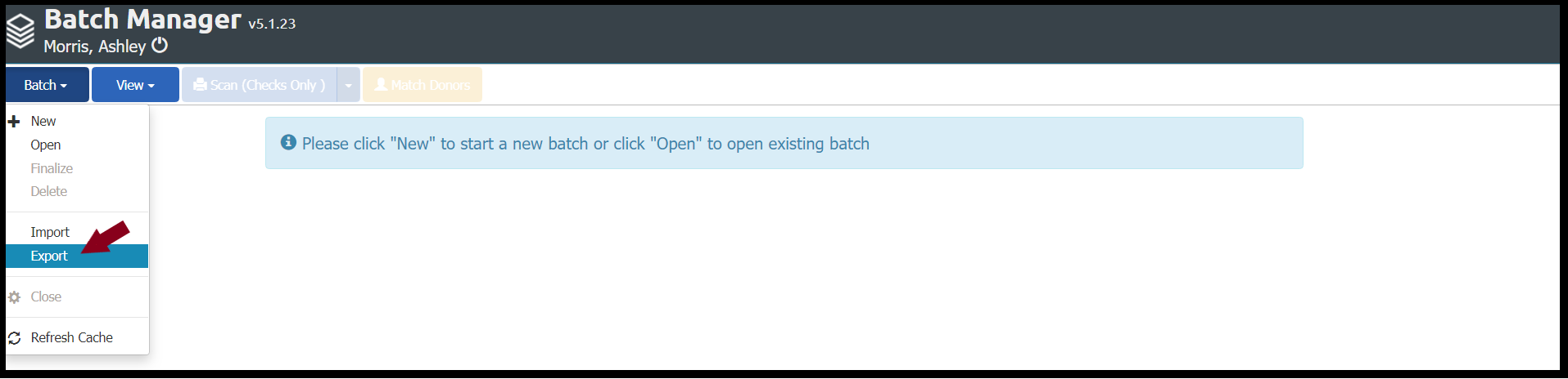 Image displaying the Batch Manager. The Batch button drop-down menu has the Export button highlighted in blue with an arrow pointing to it.