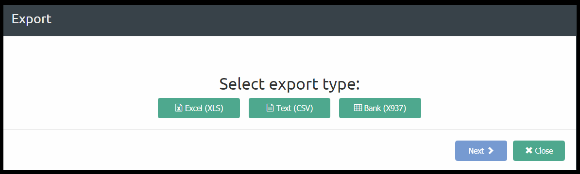 Image displaying the Export dialog box, with the option to select an Excel, Text, or Bank export type.