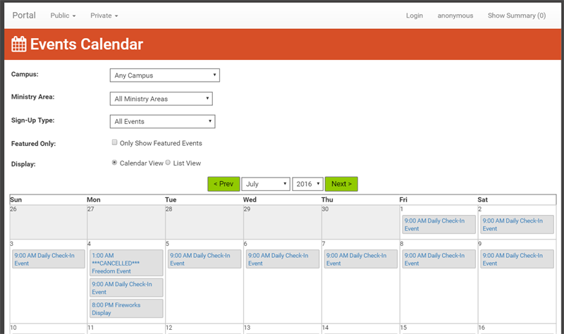 The Events Calendar page displayed on the Portal