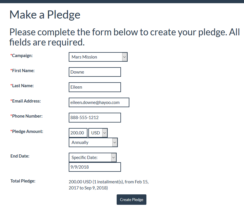 The Make a Pledge window showing the available options for creating a pledge