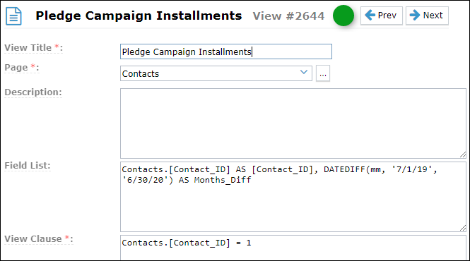 The Pledge Campaign Installments screen showing an example view