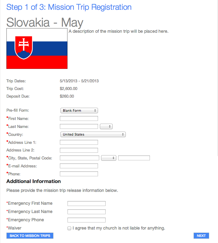 Mission Trip Registration page showing an example of a registration form