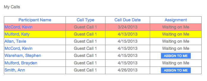 My Calls grid showing columns for Participant Name, Call Type, Call Due Date, and Assignment