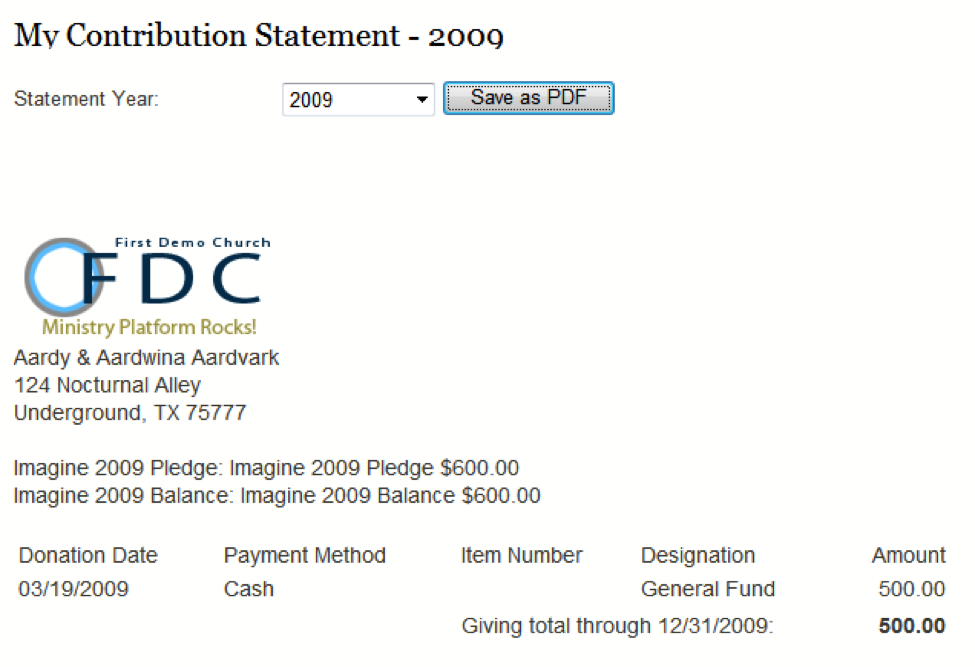 Example of My Contribution Statement showing the statement year and donations information