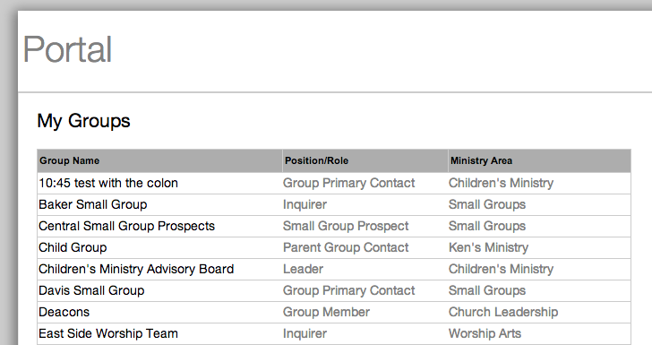 Portal showing My Groups grid with columns for Group Name, Position/Role, and Ministry Area