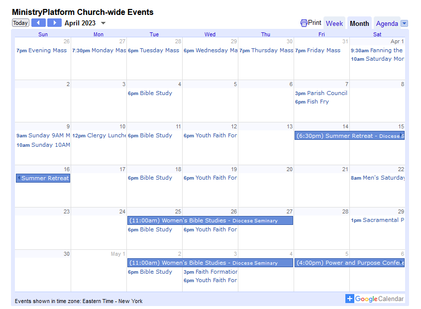 Image displaying an example calendar that's been embedded to a website.