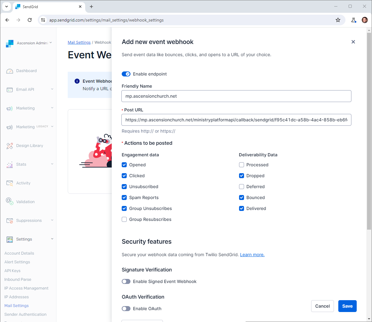 Example of what your event webhook setup might look like in SendGrid