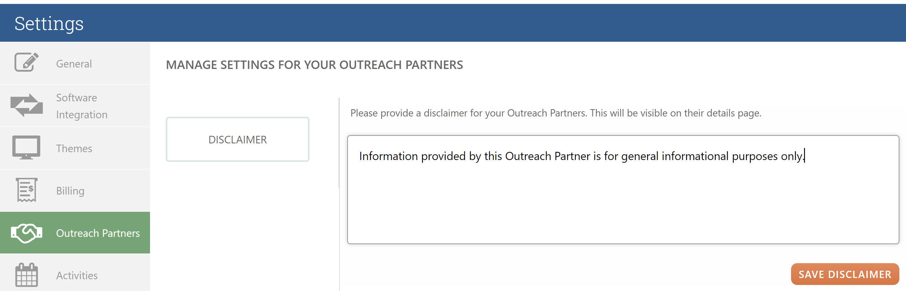 The Outreach Partners screen.