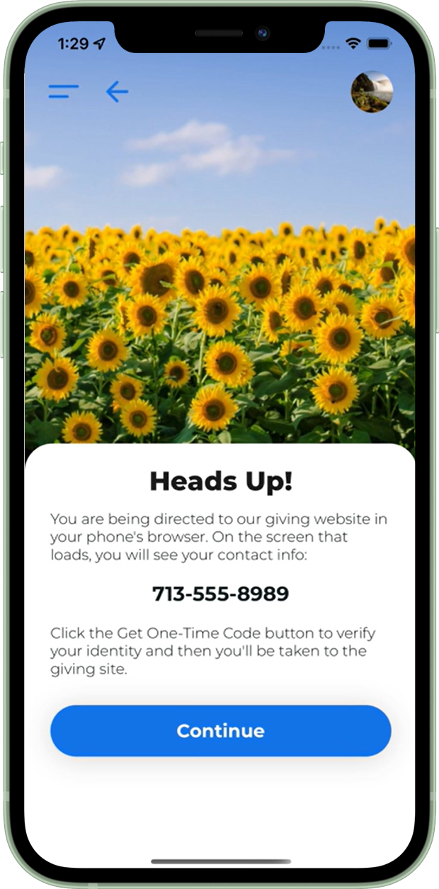Example of the message a logged-in user sees on the Giving screen in the app