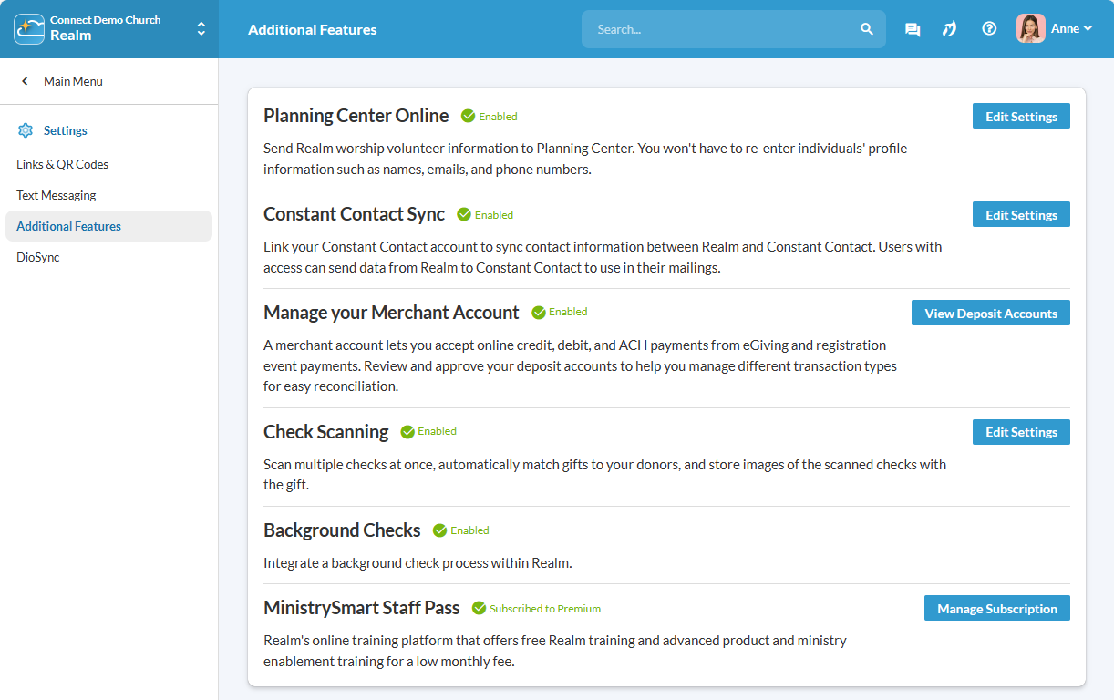 Additional Features window under the Settings menu showing information for Planning Center Sync, Constant Contact Sync, Merchant Account management, Check Scanning, Background Checks, and MinistrySmart Staff Pass
