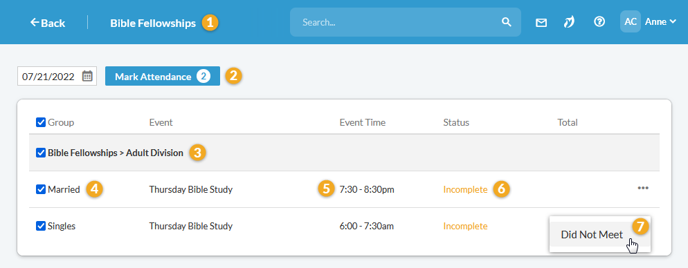 Select Events to Mark screen with table of groups, events, event times, marked statuses, and totals.