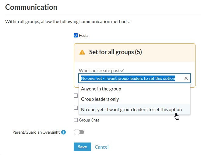 Communication settings for a group