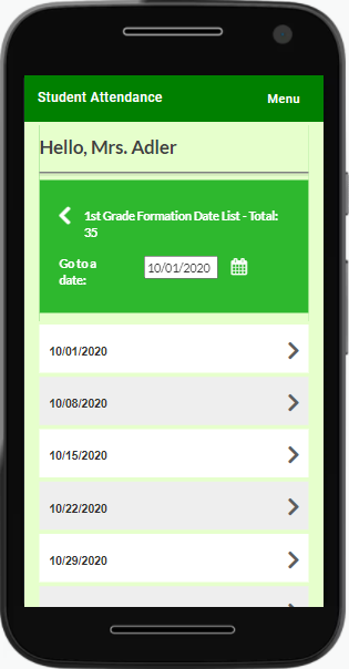 Web app showing the example date list for the class 1st Grade Formation
