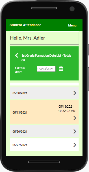 Web app showing the date list for the class 1st Grade Formation, with the date and time attendance was last updated