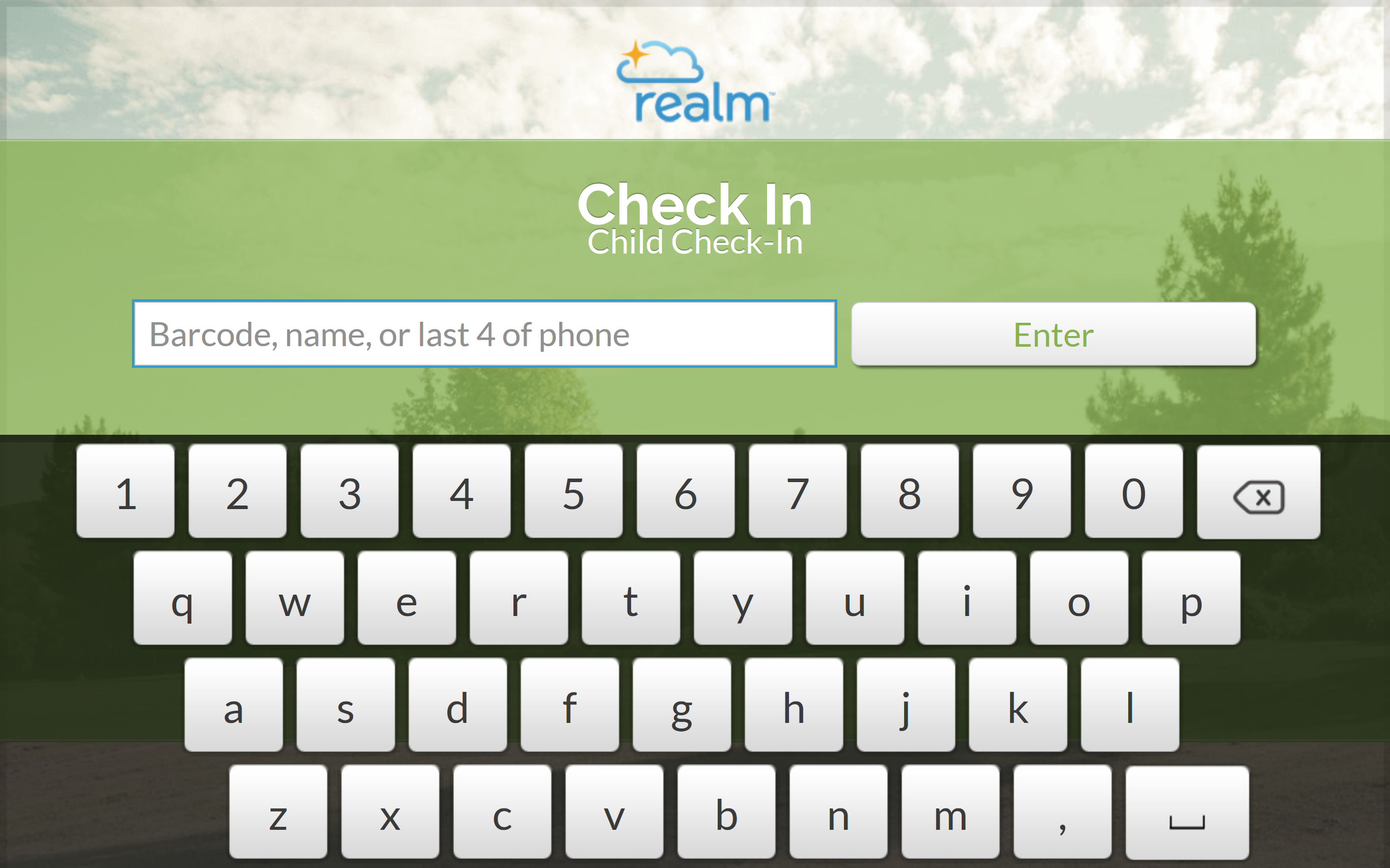 Check-in screen with onscreen keyboard