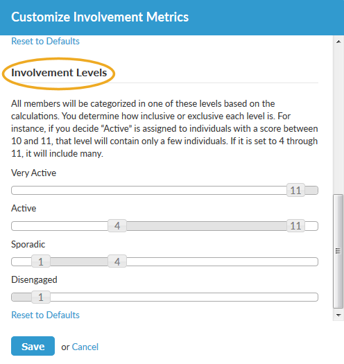 Customize Involvement Metrics screen with Involvement Levels: Very Active, Active, Sporadic, and Disengaged.