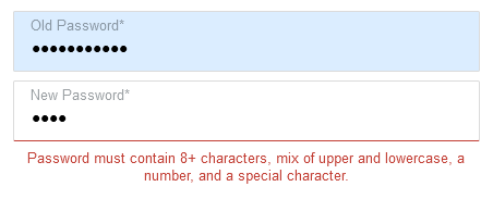 User account showing the requirements when changing a password: a message under the old/new password fields shows "Password must contain 8+ characters, mix of upper and lowercase, a number, and a special character"