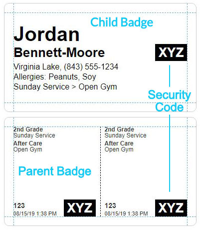 Examples of a child badge with name, contact person and phone number, allergies, location, and security code, and a parent badge with service, location, date and time, and matching security code.