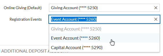 Registration Events drop-down list showing Events Deposit Account with last four digits of the account number