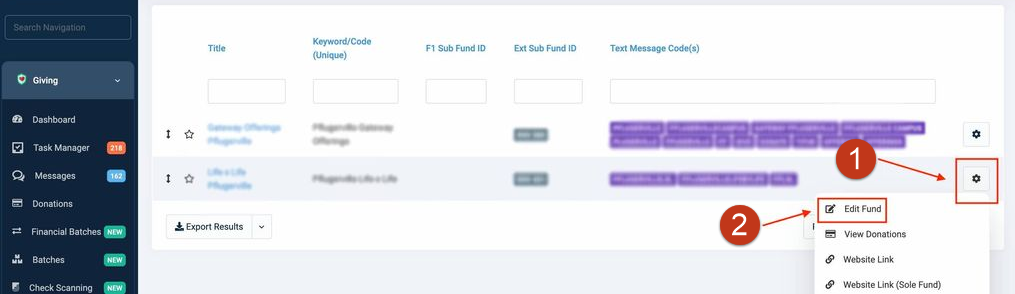 Example of an OnlineGiving.org site showing the Subfund page, and a gear drop-down menu with an option to Edit Fund